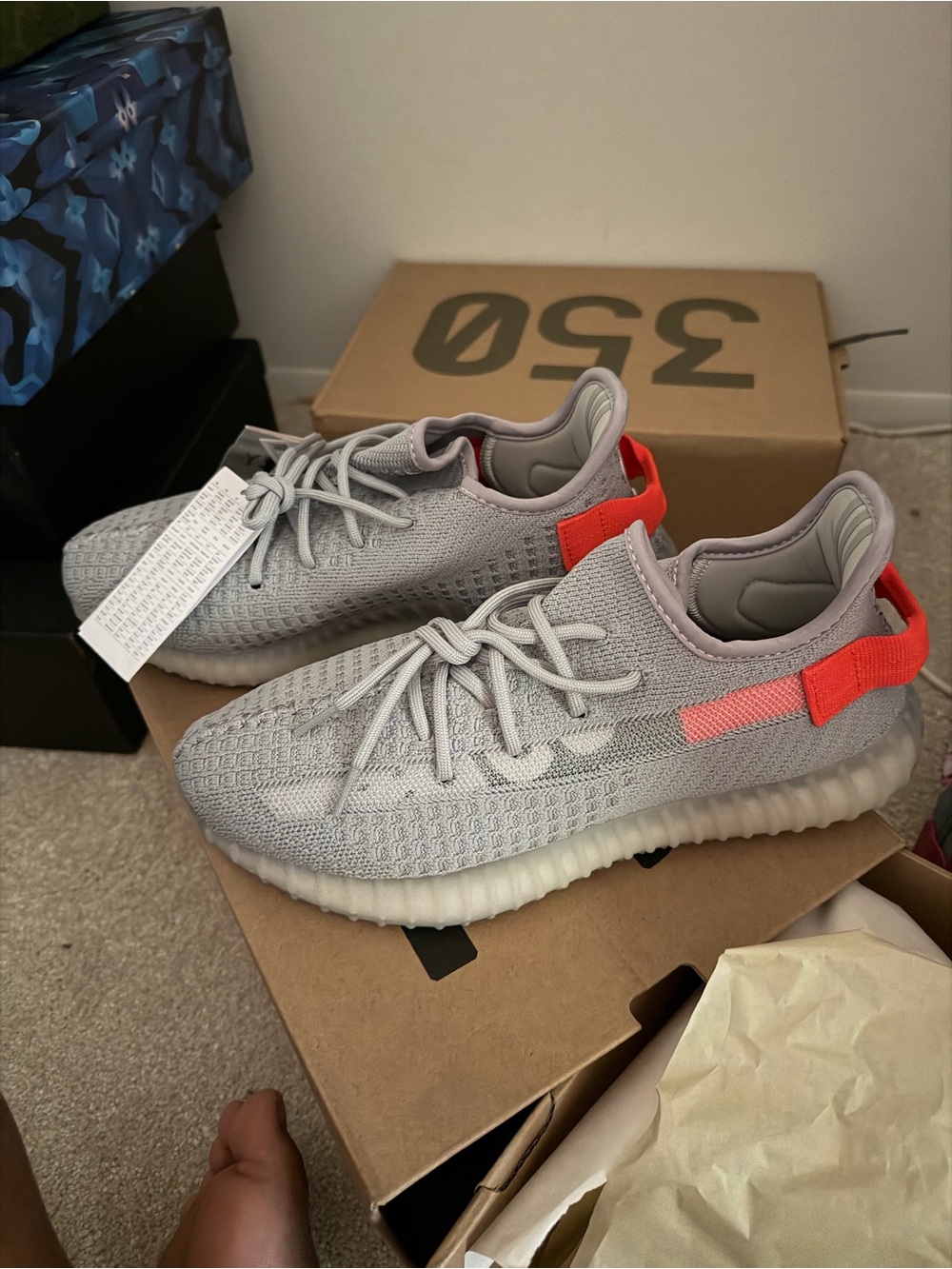 Yeezy Grey Knit Sneakers with Neon Accent